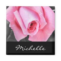 Beautiful romantic pink rose personalized name magnets