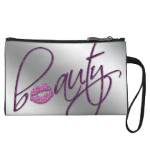 Beauty Makeup Bag Purse Lips Purple Sparkle Text