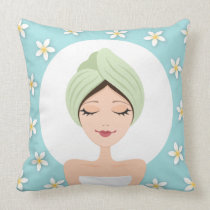 Beauty salon or spa woman wrapped towel aqua blue pillows