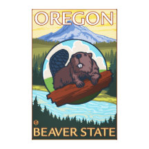 Beaver and Mount Hood Scene Vintage Travel Gallery Wrap Canvas