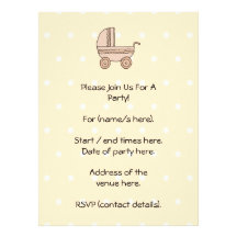 Beige Baby Pram. On spotty background. Custom Invitation