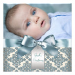 Beige Blue Damask Baby Boy Photo Christening Custom Announcements
