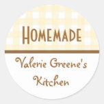 Beige white brown gingham homemade food label seal round sticker