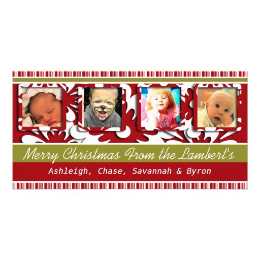 Big Red Flowers Tiny Stripes Christmas Photo Picture Card