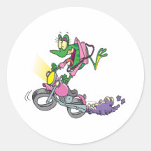 biker chick froggy frog animal cartoon round sticker