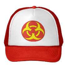 Biohazard red and yellow warning sign trucker hat