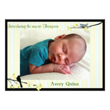 Bird and Blossoms Photo Birth Announcement Yellows