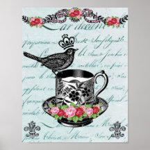 Bird on a Teacup French Paper Background Poster