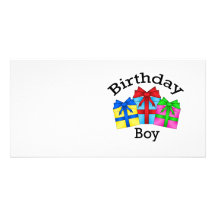 Birthday boy in black with presents picture card