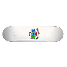 Birthday boy in black with presents skateboard deck