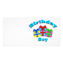 Birthday boy with presents photo card