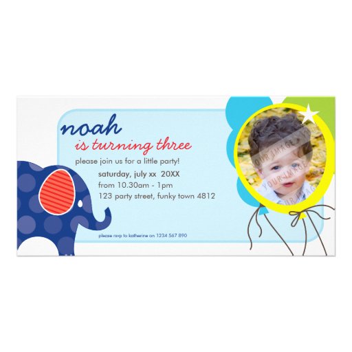 BIRTHDAY INVITE PHOTOCARD :: elephant + balloons 3 Picture Card