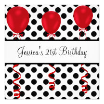 Birthday Party Black & White Spots Red Balloons Personalized Invite