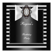 Birthday Party Black White stripe Bow Personalised Invite