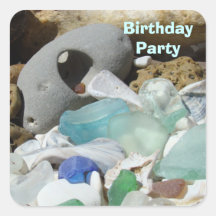 Birthday Party Card Invitation seals Seaglass Rock Square Stickers
