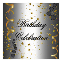 Birthday Party Celebration Silver Black Gold Stars Invitation