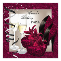 Birthday Party Damask Pink Red Shoes Cream 2 Personalized Invitation