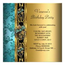Birthday Party Damask Teal Blue Gold 2 Personalized Invites