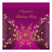 Birthday Party Dark Pink Gold Snowflakes Custom Announcements