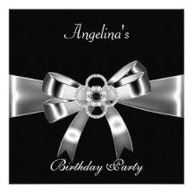 Birthday Party Elegant Black Silver Metal Bow 3 Invites