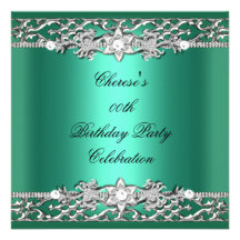 Birthday Party Elegant Jade Green Silver Diamond Announcements