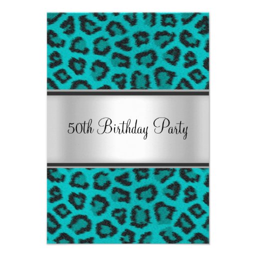 Birthday Party Leopard Fur Teal Custom Announcements
