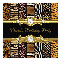 Birthday Party Mixed Animal Prints Gold Black Announcement
