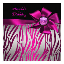 Birthday Party Pink Bow Black Pink Zebra Silver Personalized Invites