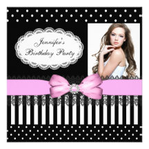 Birthday Party Pink Bow Black White Polka Dots Custom Invites