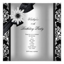 Birthday Party Silver Grey Black Damask Flower Custom Announcements