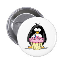 Birthday Penguin with Cupcake Button