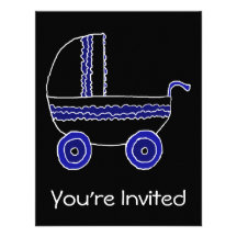 Black and Blue Baby Stroller. Custom Invites