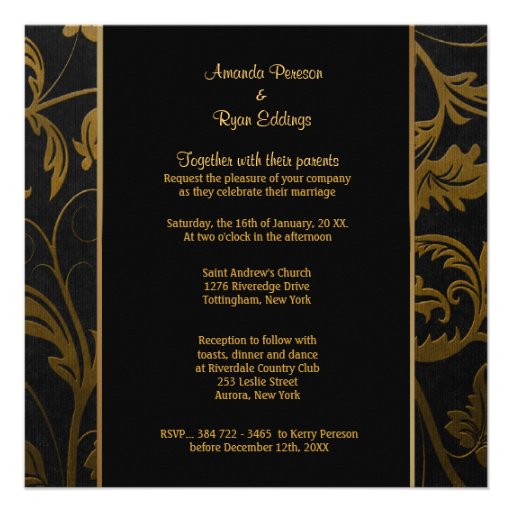 Black and Gold Damask Wedding Invitation - Square