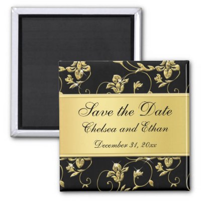 Black and Gold Floral Wedding Favour Magnet by NiteOwlStudio