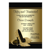 Black and Gold High Heels Womans Birthday Party Personalized Invite