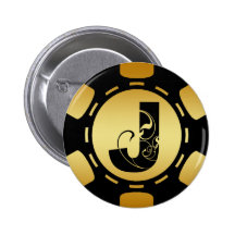 BLACK AND GOLD MONOGRAM LETTER J POKER CHIP PINBACK BUTTONS
