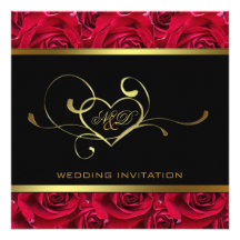 Black and Gold on Red Roses Wedding Invitation