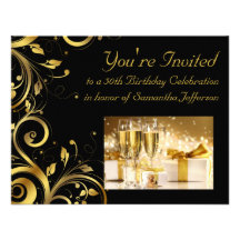 Black and Gold Swirl, Custom 50th Birthday Party Announcements