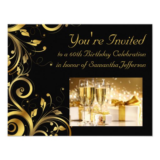 Black and Gold Swirl, Custom 60th Birthday Party Invitations