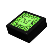 Black and Green Leopard Print. Custom Monogram. Trinket Box