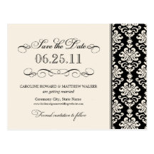 Black and Ivory Elegant Damask Save the Date Post Card
