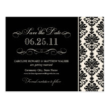 Black and Ivory Elegant Damask Save the Date Postcard