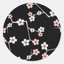 Black and Pale Pink Cherry Blossom Print Round Sticker