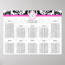 Black and Pink Damask Seating Chart Table Numbers Print