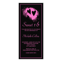 Black and pink hearts trendy sweet sixteen invite