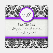 Black and Purple Damask Monogram Save The Date Magnets