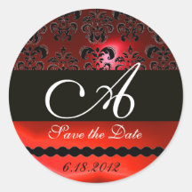 BLACK AND RED RUBY DAMASK MONOGRAM, ROUND STICKER