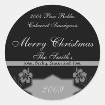 Black and Silver Christmas Wine Labels Round Sticker