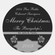 Black and Silver Christmas Wine LARGE Labels Round Stickers