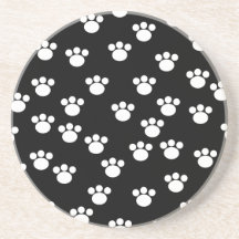 Black and White Animal Paw Print Pattern. Beverage Coasters